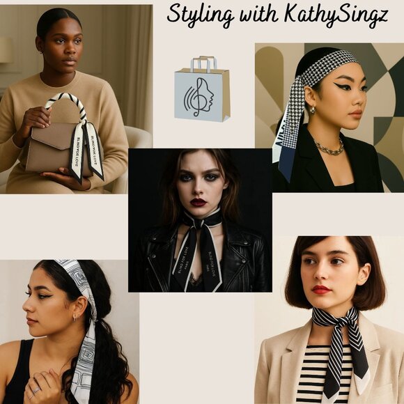 Striped Slim Scarf 34in Black White Retro Mod Minimalist Neck Tie Hair Bow Bag - Picture 5 of 10